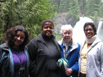 Ana Lucia Maya Aguirre, Thuli Makama, Betty Smith and Lottie Cunningham Betty Smith joins ELAW Fellows at Sahalie Falls